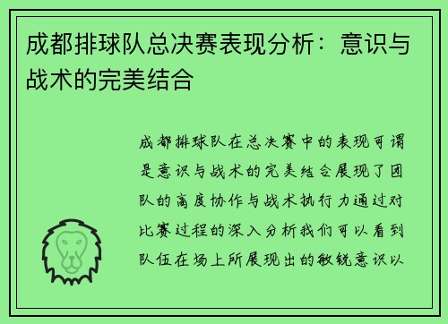 成都排球队总决赛表现分析：意识与战术的完美结合